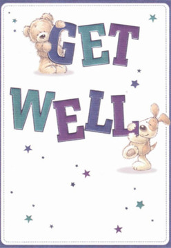 This delightful get well card, inspired by Ickenham's sense of friendly community, exudes comfort and light. Two whimsical characters-a cuddly bear with velvety fur and a puppy sporting irresistibly soft, floppy ears-take centre stage, their joyous energy radiating kindness reminiscent of market days along High Road. Resting atop and cradling the large, vibrant letters that spell out 'Get Well,' their expressions shine with reassurance, offering a touch as soothing as a hand-delivered bouquet from a local florist. The text pops in deep purples and teals, creating visual rhythm against a pristine white background, while scattered stars in varying blues and aquas flicker across the card, conjuring an atmosphere of healing possibility. Each brushstroke feels purposeful, with gentle rounded forms and textured fur that invite the imagination to reach out and feel comforted. This card, much like a thoughtfully arranged vase of fresh blooms from Ickenham's trusted shops, is crafted to send warmth, optimism, and healing, offering a genuine boost to anyone on the road to recovery.