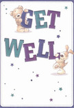 Bursting with charm and optimism, this get well card features two adorable companions-a teddy bear with soft round features and a spirited puppy-springing to life against a tranquil cream backdrop. They playfully support the bold, colourful letters spelling 'Get Well,' using their paws to steady and celebrate the cheerful message. The text itself glows in shades of indigo and teal, colours reminiscent of serene walks by Ickenham Marsh in spring. Scattered stars glimmer in gentle gradients of blue and purple, casting an air of hopefulness and magic across the scene. The widespread warmth of their illustrated embrace is palpable, suggesting the same comfort you feel when receiving a thoughtfully hand-tied bouquet from a local Ickenham florist. Each detail has been lovingly rendered to convey emotional warmth-perfect for sending a wave of comfort, support, and tender encouragement to someone in need of recovery.
